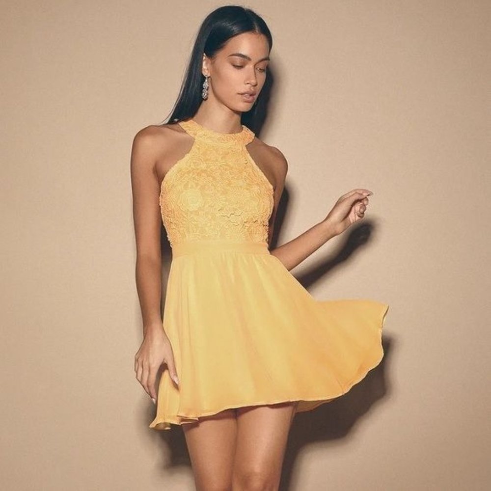 Lulu’s Lover's Game Light Yellow Lace Skater Dress